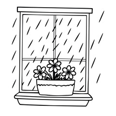 A window with a flower pot and rain drops on glass. Delicate and quiet moment.