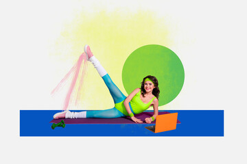 Sketch composite 3D photo collage trend artwork of young lady fitness coach remote training laptop...