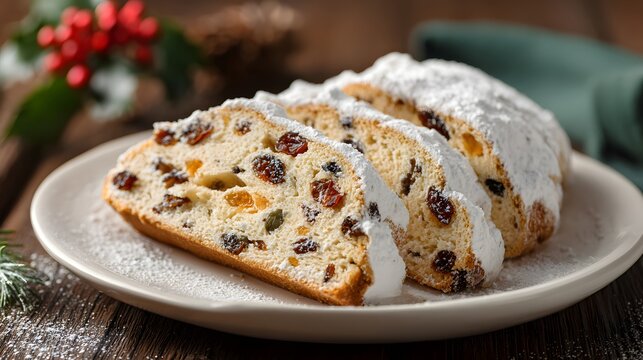 Sliced stollen, a traditional German Christmas bread with powdered sugar on a white plate.