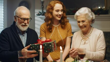 An elderly couple sits with their granddaughter, filled with joy as they exchange a festive gift during a heartwarming Christmas celebration in a cozy living room - Powered by Adobe