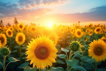 Obraz premium Sunflowers on sunset background