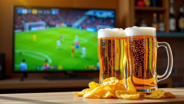 Refreshing beer and snacks create lively atmosphere for watching soccer on television during exciting sports game.