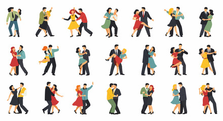 Diverse Couples Dancing: Flat Vector Illustration of Ballroom, Salsa, Tango, and Swing Dancers in Various Poses and Outfits