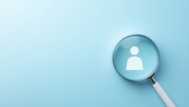 A magnifying glass with a person icon centered in the lens sits on a light-blue surface