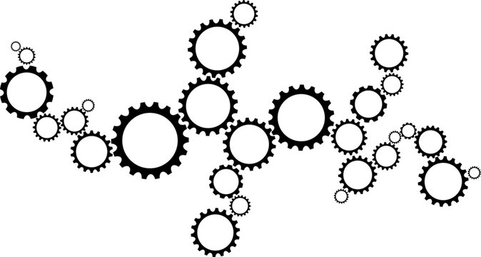 Gears connecting together in black template for background, banner, different size gears rotating like team, business