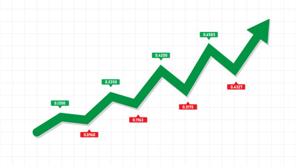 Green up rising arrow chart with rising point marking in green and red info boxes template