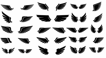Collection of Black Wing Illustrations on White Background, Vector Graphic