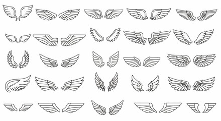 Fototapeta premium Collection of Detailed Outline Angel Wings in Various Styles