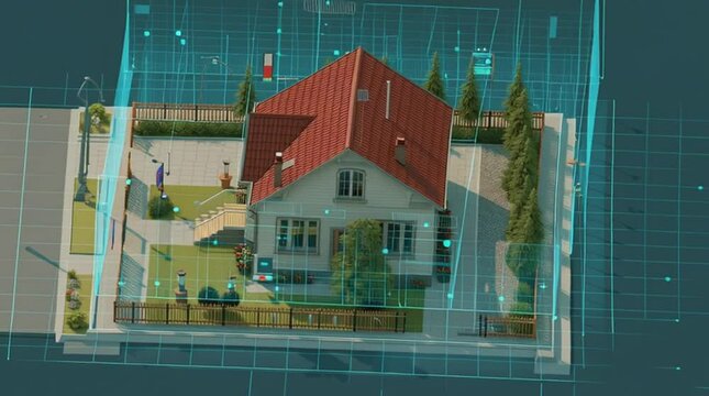 Cartoon animation of smart home security, protective digital boundary traces the edges of doors, windows, walls and the permiter of the yard; A suburban home with a digital grid covering the property