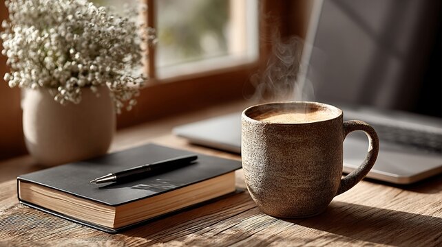 A minimalist home workspace with a laptop journal and a steaming cup of black coffee bright natural lighting clean and peaceful real photo stock photography