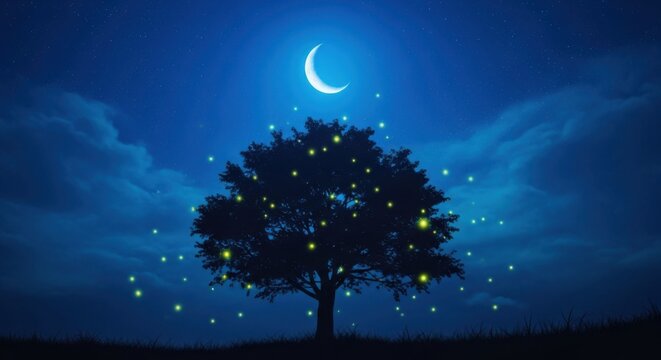 Magical glowing tree under a crescent moon with fireflies