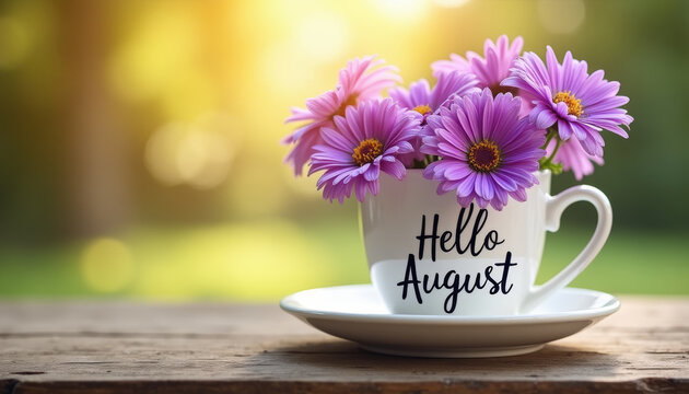 Elegant white teacup with Hello August inscription filled with bright purple asters, placed on rustic wood table, warm sunlight streaming in. Seasonal greetings, marketing, or lifestyle content