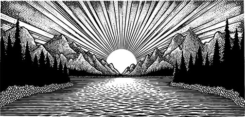 Frozen river under moonlight with mountain silhouettes and tall pine trees - ideal for nature and winter themes