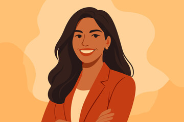Confident successful Latin business woman smiling. Portrait of a professional Hispanic female leader with crossed arms. Modern flat cartoon vector illustration for business or career.