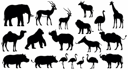 Diverse African Wildlife Silhouettes: Elephant, Antelope, Lion, Giraffe, and More