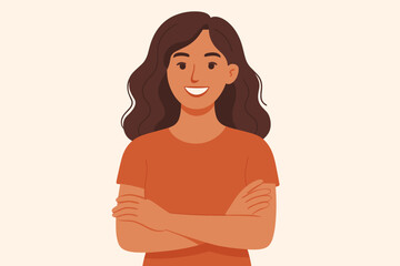 Happy young woman with crossed arms smiling. Confident female character portrait. Self-assured successful business person or student. Modern flat vector cartoon illustration.