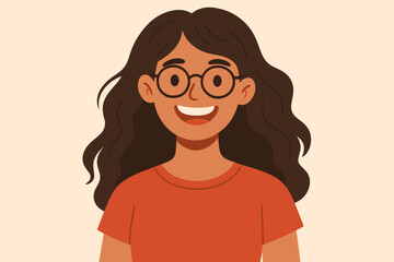 Happy smiling young woman with glasses portrait. Cheerful student or professional girl character avatar. Modern flat cartoon vector illustration of a friendly face with wavy hair.