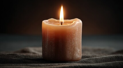 Glowing candle on wooden surface surrounded by a cozy knitted wool blanket, creating a warm and inviting atmosphere
