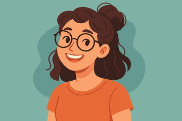 Portrait of a happy young woman with eyeglasses. Cheerful beautiful girl smiling. Modern flat cartoon vector illustration of a friendly female character. Student or employee avatar.