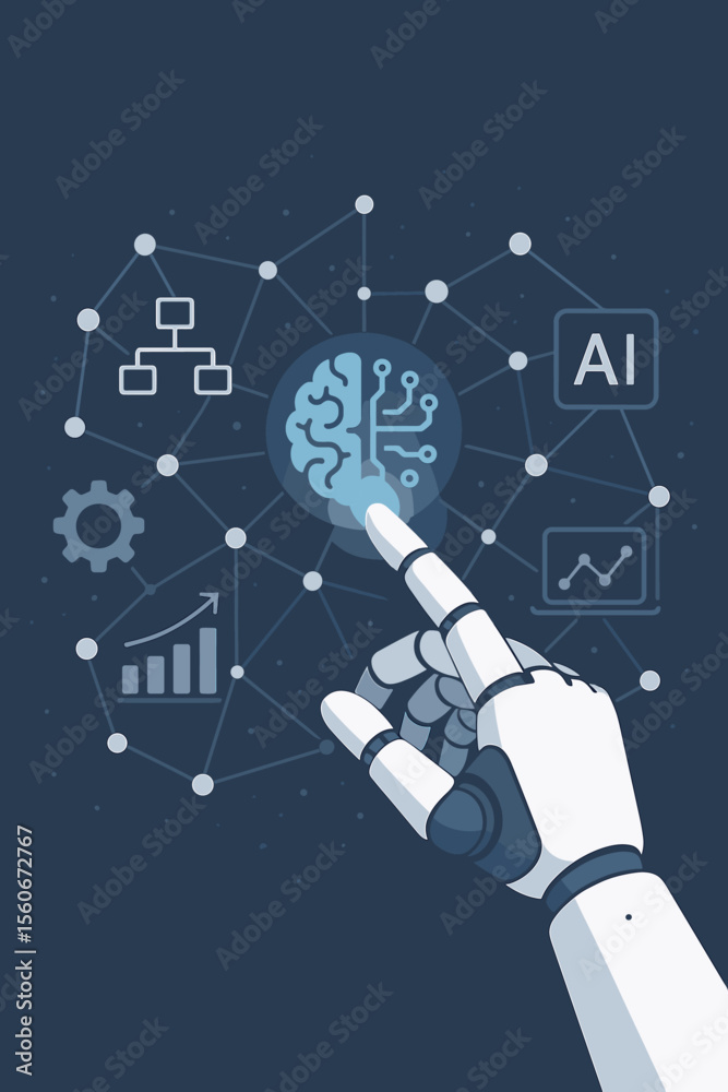 Poster artificial intelligence concept with a robot hand touching a digital brain. ai, machine learning, de