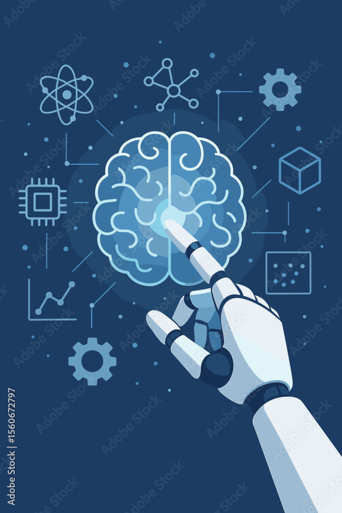 Poster ai technology and machine learning concept. robot hand touching a digital brain icon. deep learning,