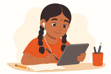 Young Indian student girl using a digital tablet for e-learning and online classes. Concept for remote education, homeschooling, technology. Cute kid doing homework with stylus. Vector.