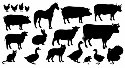 Farm Animal Silhouettes Collection of Various Domesticated Animals
