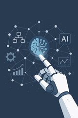 Artificial intelligence concept with a robot hand touching a digital brain. AI, machine learning, deep learning, big data analysis, and data science technology on a network background.