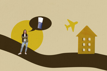 Full 3d image pop art collage of happy girl guy stand home relocation plane flight booking tickets...