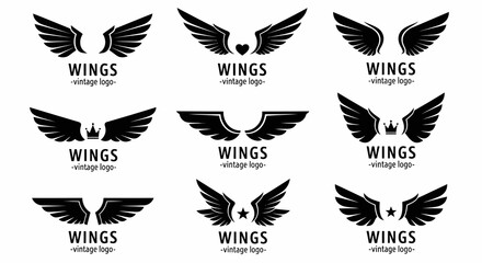 Nine Vintage Black Wing Logos:  Stylized Avian Designs with Crowns, Hearts, and Stars