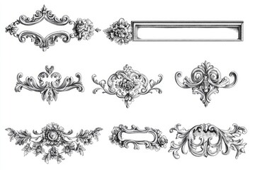 Nine ornate decorative elements in black and white.  Intricate designs of scrolls, flowers, leaves, and frames.  Classic, elegant style.  Likely for use in print or graphic design
