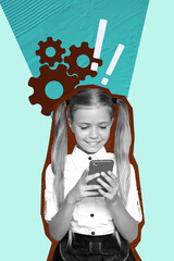 Banner 3d image pop vertical collage of happy preteen schoolgirl surf phone gearwheel software...