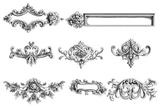 Nine ornate decorative elements in black and white.  Intricate designs of scrolls, flowers, leaves, and frames.  Classic, elegant style.  Likely for use in print or graphic design