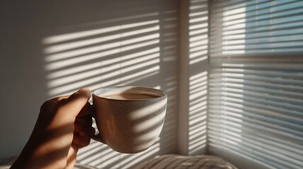 A morning ritual scene with a hand holding a coffee mug in a cozy minimal room with neutral tones and sunlight coming through blinds real photo stock photography