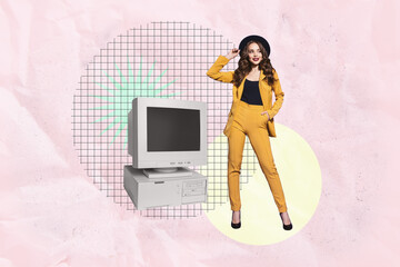 Full 3d poster art pop collage of happy businesswoman businessman stand pc monitor desktop mouse tool freelancer occupation