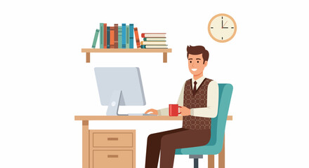 Smiling Man Working at Desk with Computer and Coffee Cup Illustration