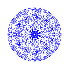 A serene and elegant mandala design presented as a delicate blue outline on a white background. 