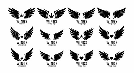 Naklejka premium Twelve Vintage-Style Black Wing Logos: Retro and Modern Designs with Crowns, Stars, and Hearts