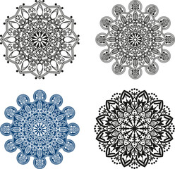 A versatile set of four unique mandala designs, each featuring intricate patterns and vibrant color palettes.