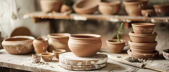 Close-up of clay pottery pieces in warm natural light. Rustic handmade ceramics concept for craft, kitchen decor, and authentic design.
