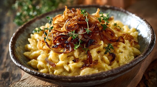 Delicious k&auml;sesp&auml;tzle with crispy fried onions and fresh thyme, ready to enjoy.
