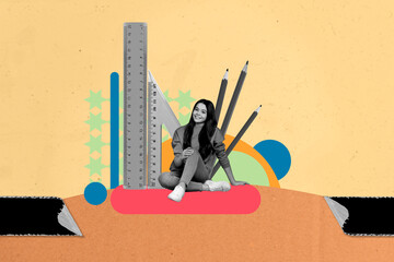 Trendy art creative full poster photo collage of happy teenage schoolgirl sit ruler pencil...