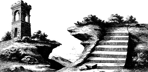 Fototapeta premium Vintage abandoned tower and crumbled staircase illustration for retro design