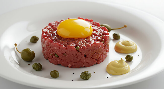 Steak tartare plated with finesse, finely chopped rare beef with capers, mustard, and a raw egg yolk on top. - Powered by Adobe