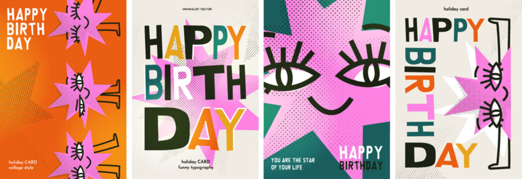 Colorful birthday card collection featuring playful, abstract illustrations and bold typography. Posters with vibrant and modern designs.