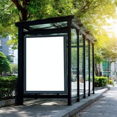 Stunning photo of modern bus stop shelter with blank advertising billboard in urban setting. Black metal frame, glass panels, green trees. Sunny day. Public transportation.