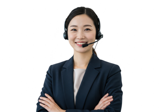 Smiling asian woman in a suit wearing a headset isolated on transparent background - Powered by Adobe