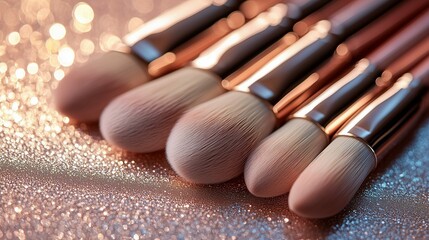 A comprehensive examination of a makeup brush set for applying makeup, perfectly arranged on a luxurious reflective surface
