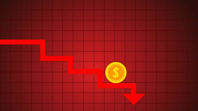 Animated Dollar golden coin going downward with red arrow, weak dollar currency, financial crisis concept