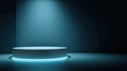 Stunning photo of background podium 3D light neon blue platform stage product abstract. Scene background 3D podium dark pedestal room glow studio empty stand floor night modern.